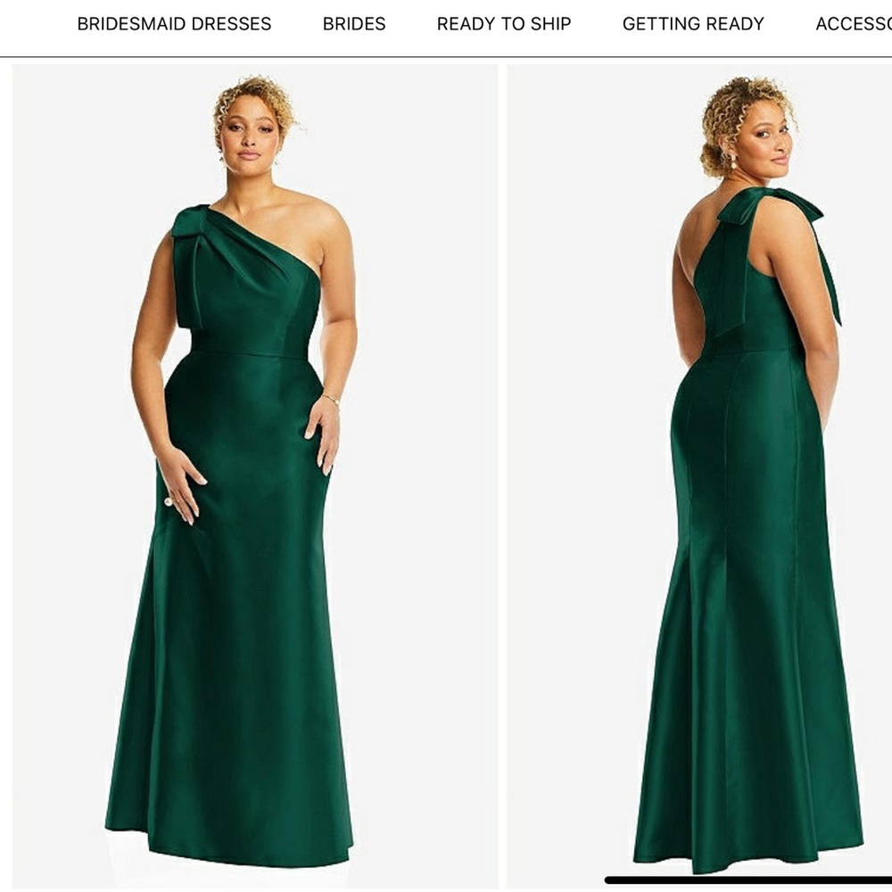 Alfred Sung Bow One Shoulder Satin Trumpet Gown Hunter Green Size 10